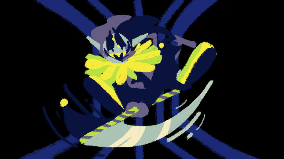 * WHO KEEPS SPINNING THE WORLD AROUND? id: a digital lineless painting of Jevil the darkner from Deltarune. he is an impish creature with grey skin, purple cheeks and tongue, bright green hooves, and yellow teeth. he wears a purple and black jester's costume, and wields a large scythe /end id