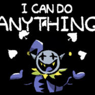 * I CAN DO ANYTHING!! id: official art of Jevil the darkner from Deltarune. he is an impish creature with grey skin, purple tongue, and yellow teeth. he wears a purple and black jester's costume, wielding spades magic with a big smile /end id