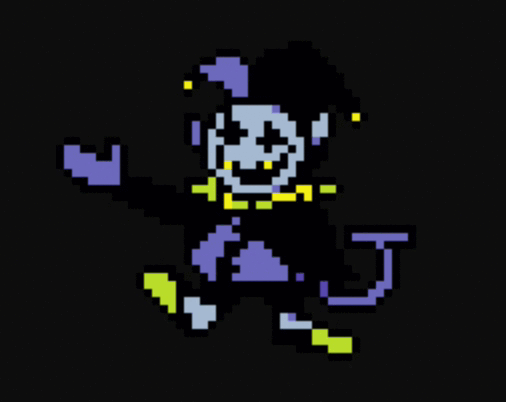 * WON'T YOU LET YOURSELF OUTSIDE? id: an official sprite of Jevil the darkner from Deltarune. he is an impish creature with grey skin, bright green hooves, and yellow teeth. he wears a purple and black jester's costume, and bounces energetically back and forth /end id