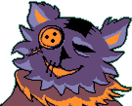 ✨ OUR MAGICIAN 🐾 id: an official sprite of Seam the darkner from Deltarune. they are a patchy, stitched together stuffed toy cat creature, with fluffy purple fur, and an orange mane. their left eye is missing, their remaining orange button eye occasionally spins /end id